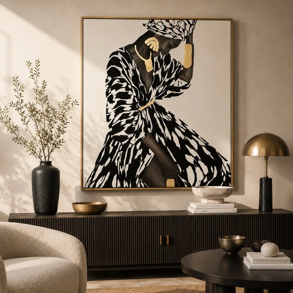 Statement portrait artwork with gold accents in a warm living room