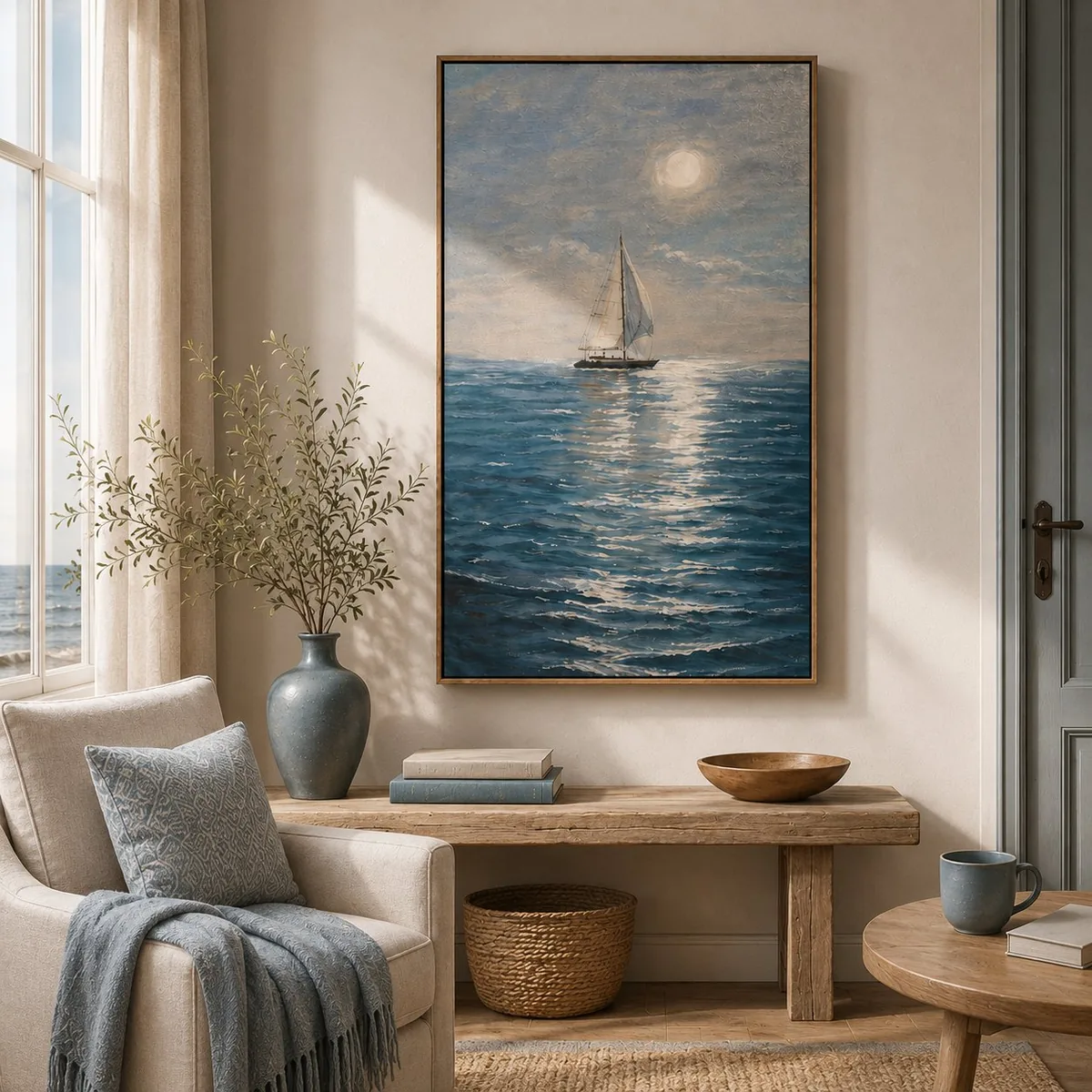 Seascape sailboat artwork in a cozy coastal living room