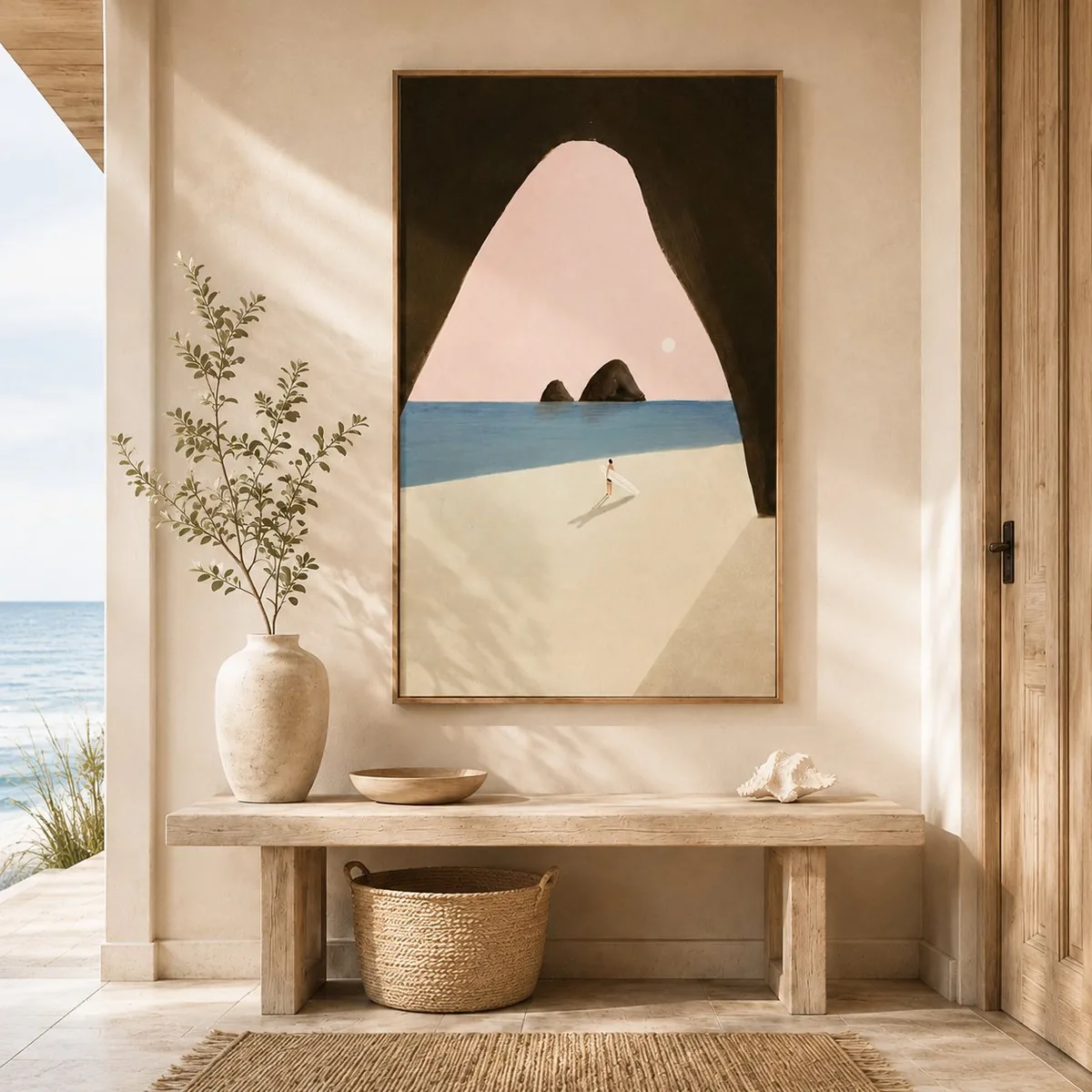 Coastal surfer artwork in a sunlit entryway