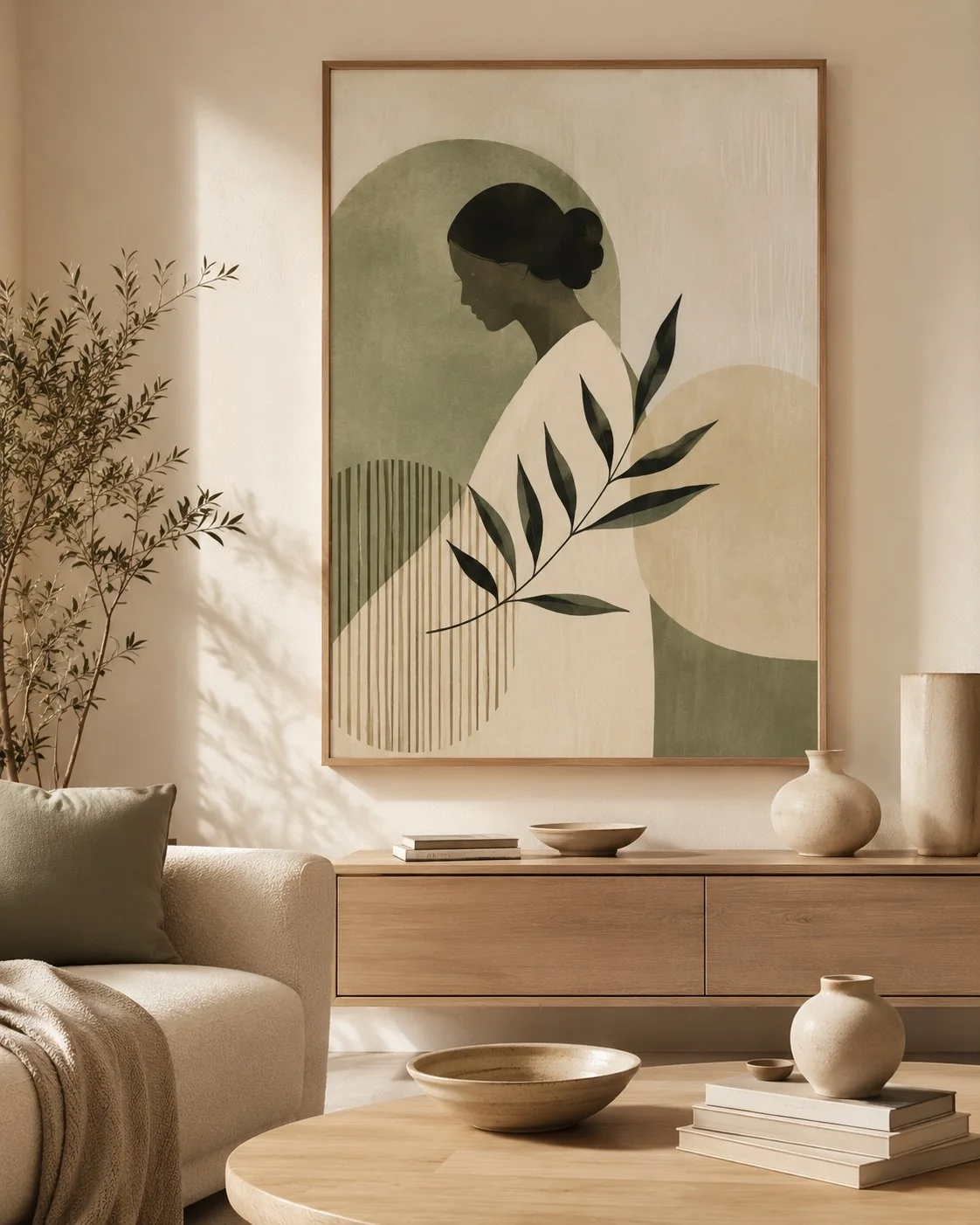 Sample artwork — woman with botanical flowers in sage tones