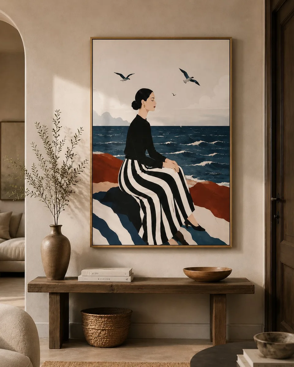 Custom printable artwork mockup with woman by the sea in striped skirt