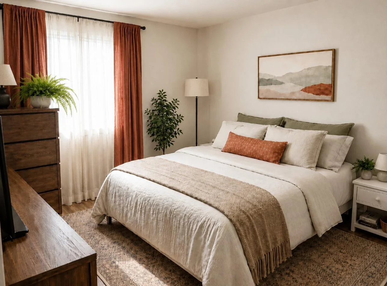 Calm Bedroom Refresh — warm restorative bedroom with layered textiles and soft light after concept