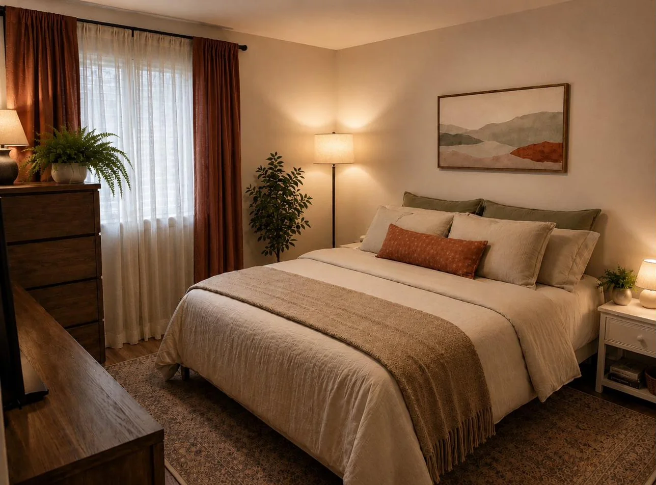Calm Bedroom Refresh at evening — warm sanctuary with soft bedside lighting