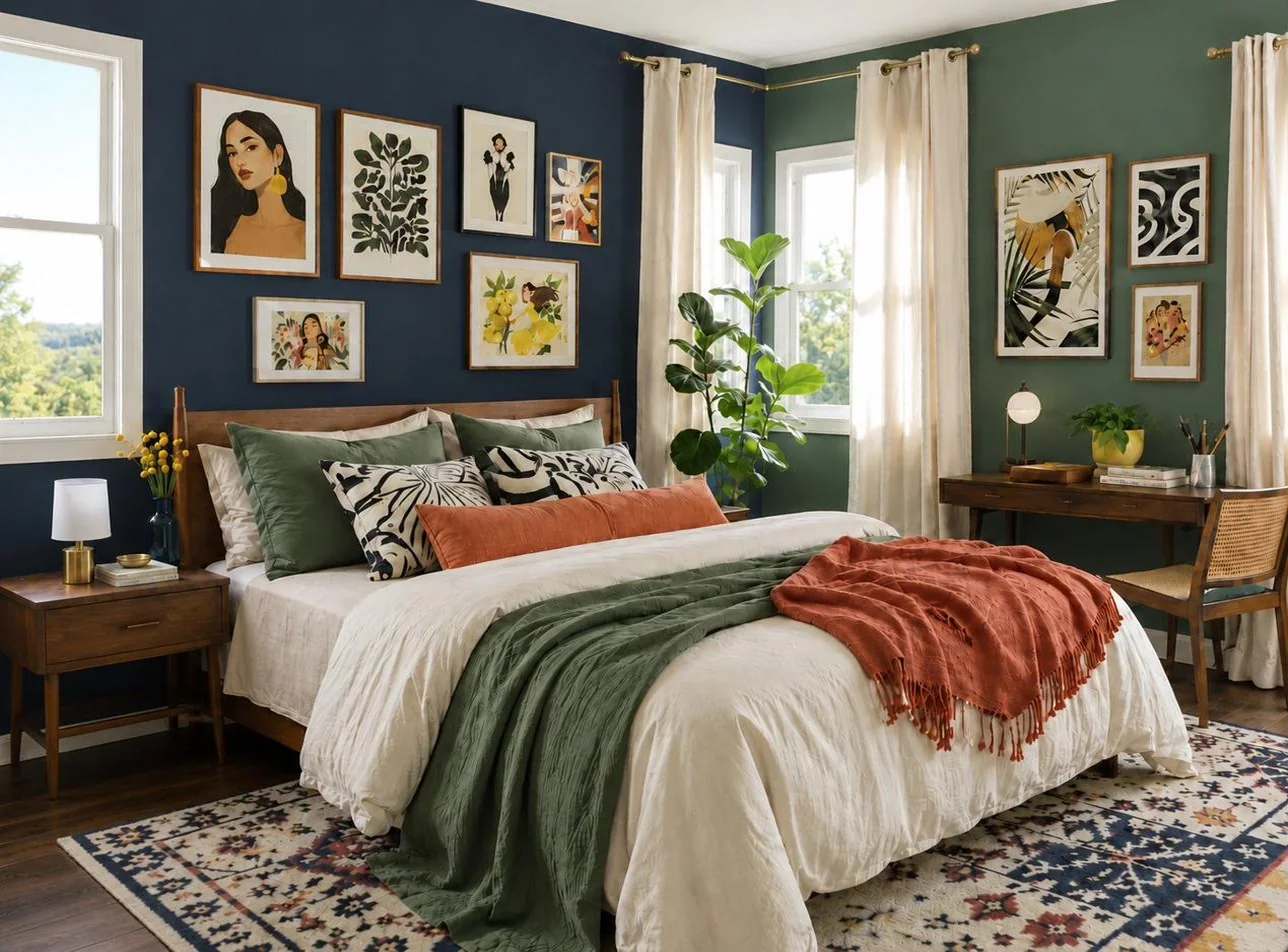 Creative Art-Led Bedroom — deep navy, bottle green, gallery wall and terracotta textiles after concept