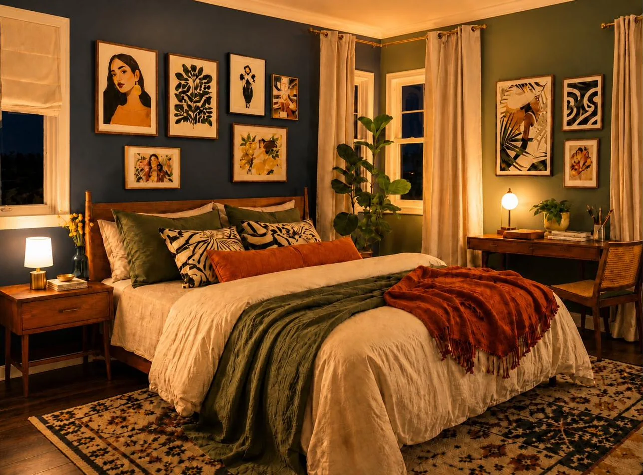 Creative Art-Led Bedroom at night — moody deep palette with gallery wall and atmospheric lighting