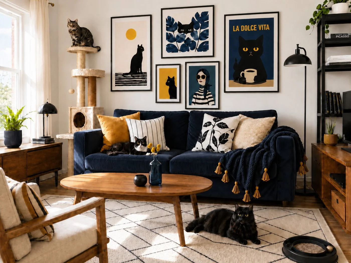 Graphic cat-lover living room after concept with navy sofa, cat artwork gallery wall, warm wood, and soft daylight