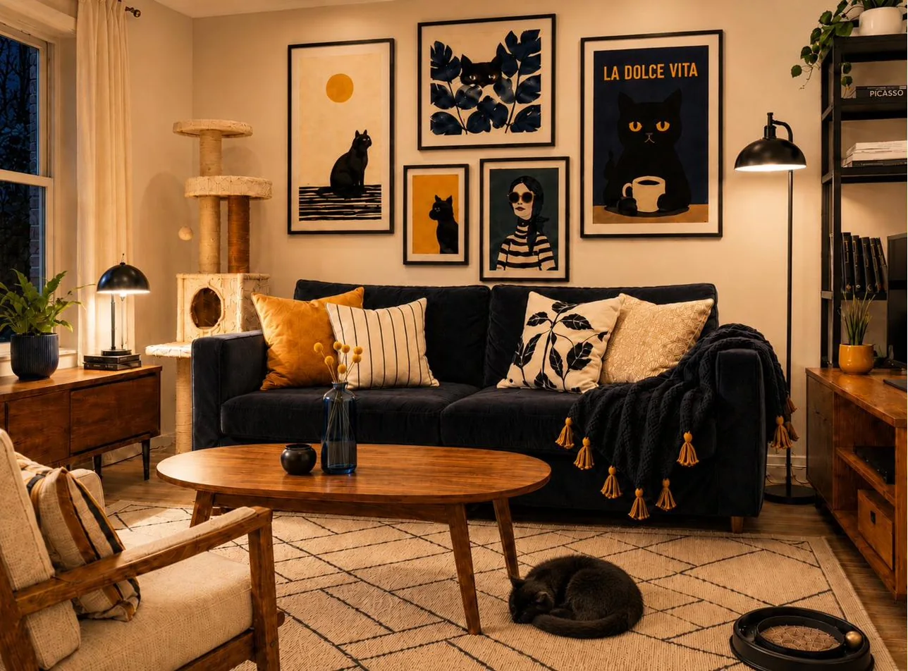 Cat-Lover Living Room at night — navy and mustard palette with warm evening lighting