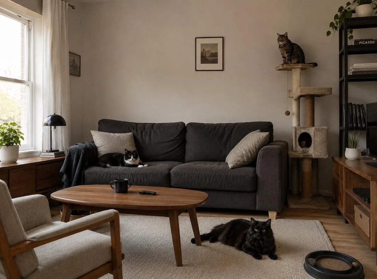 Cat lover living room before — flat beige room
