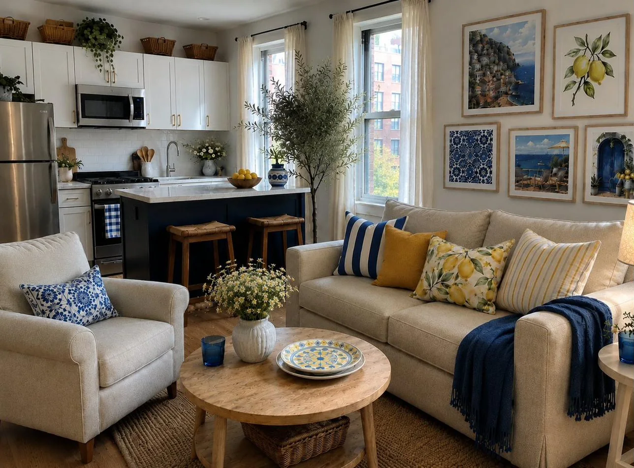 Mediterranean Memory Apartment — coastal blue, lemon yellow, cream textiles and warm light after concept