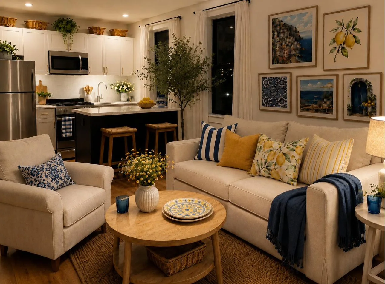 Mediterranean Memory Apartment at night — warm coastal palette with soft evening lighting