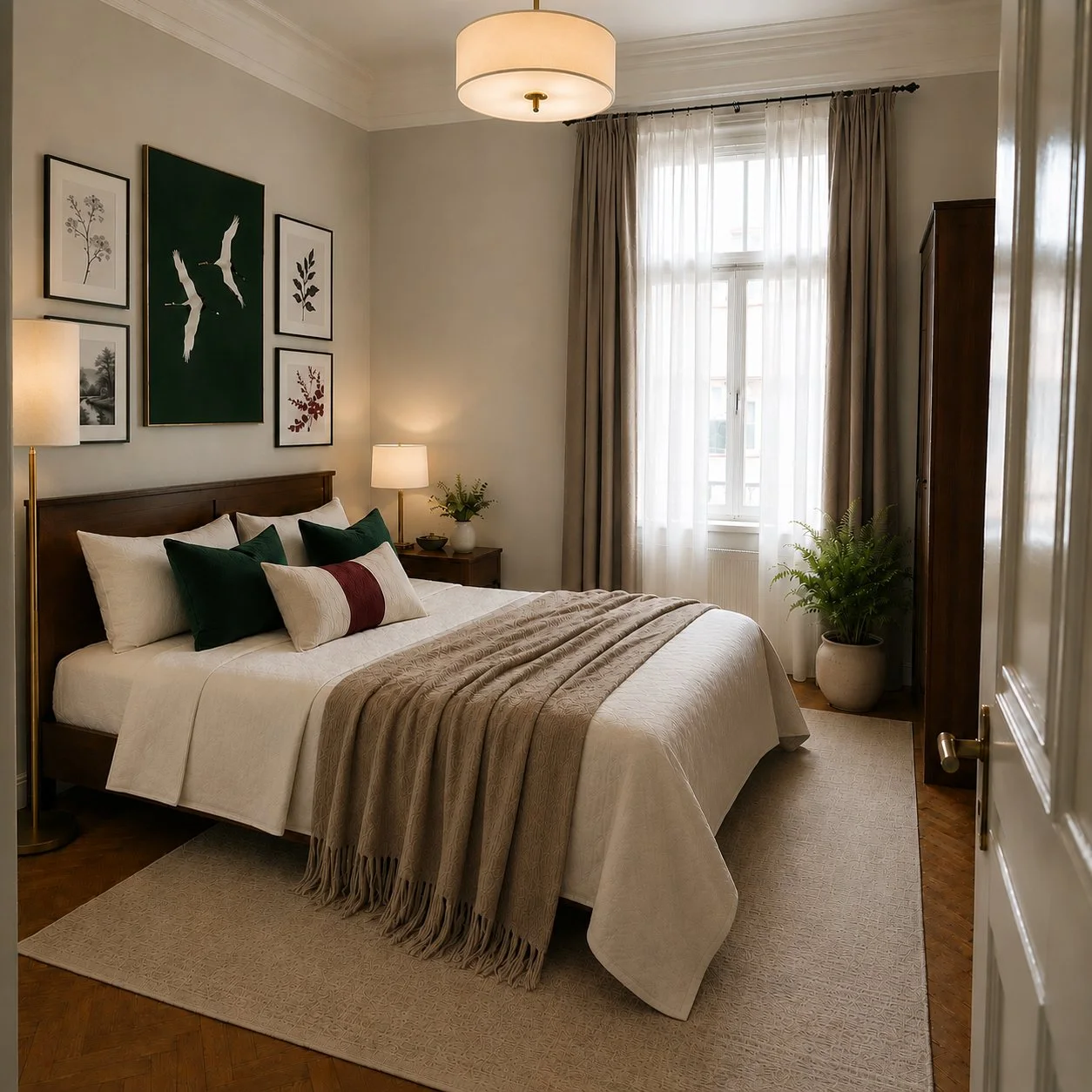 Rental bedroom after concept by Kate's Workroom — dark wood bed, green and burgundy pillows, botanical gallery wall