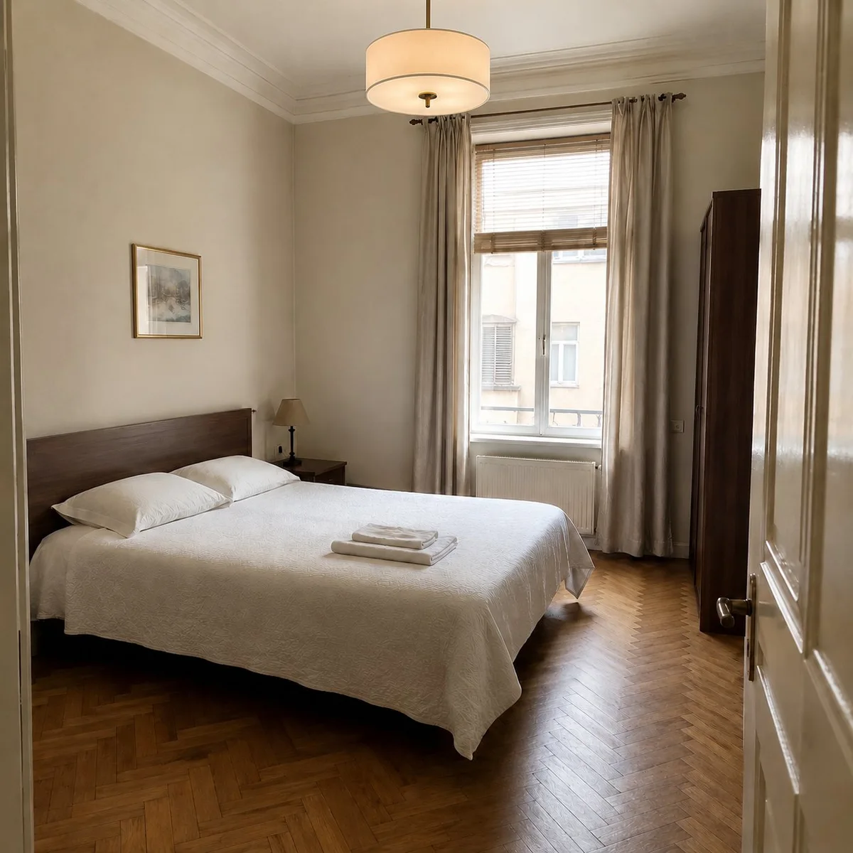Rental bedroom before concept — plain neutral walls and minimal furniture