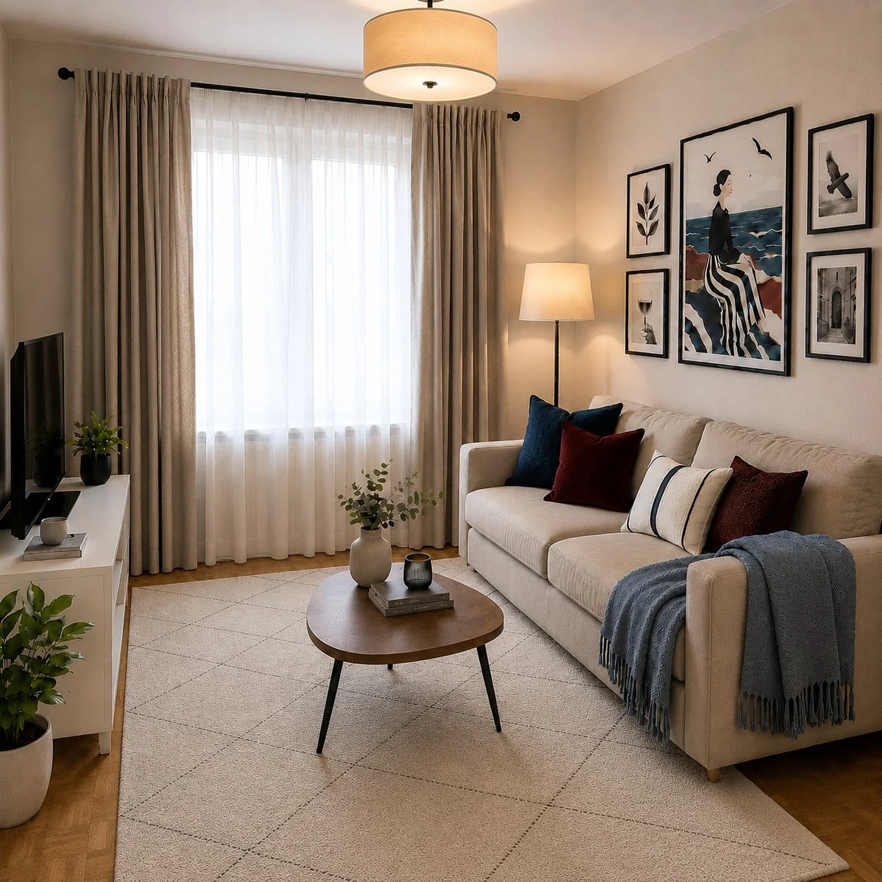 Rental living room after concept by Kate's Workroom — cream sofa, navy and burgundy pillows, gallery wall, warm textiles