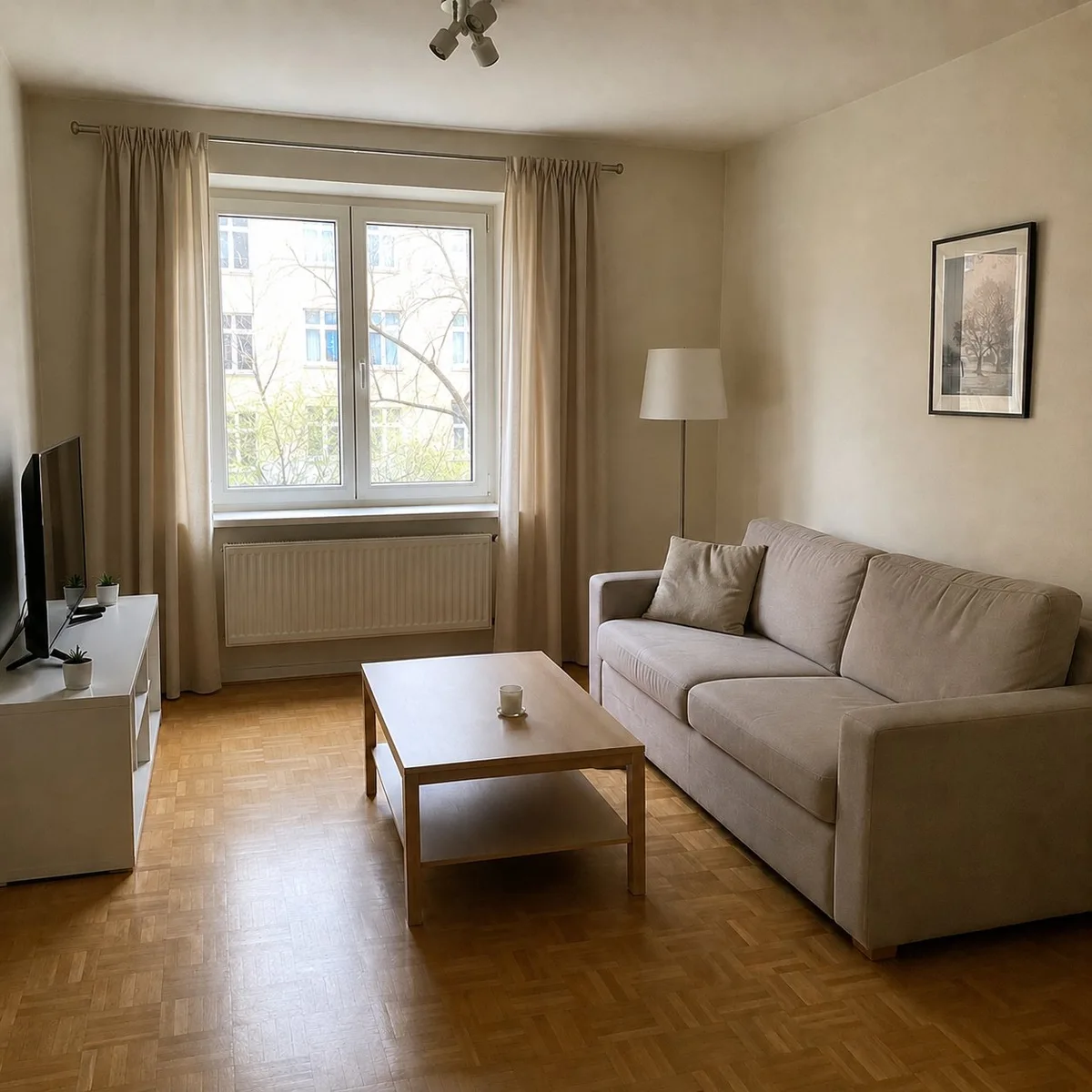 Rental living room before concept — plain neutral furniture and empty walls